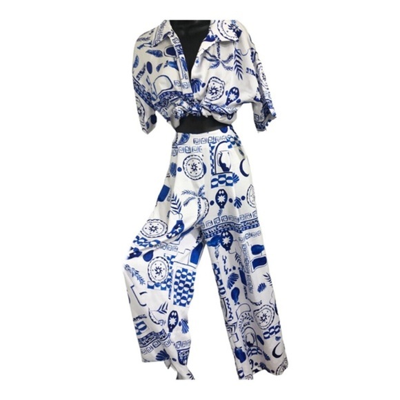 Blue white satin effect multi print‎ buttoned down shirt & pants 2pc set size  M - Picture 3 of 17